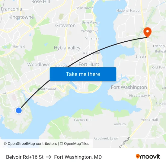 Belvoir Rd+16 St to Fort Washington, MD map