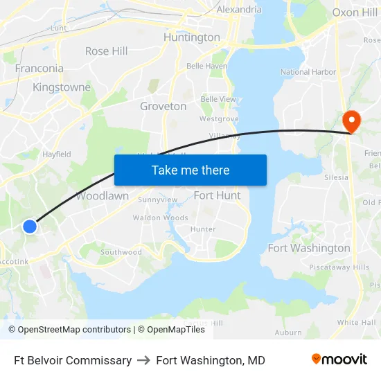Ft Belvoir Commissary to Fort Washington, MD map