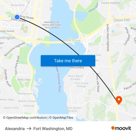 Alexandria to Fort Washington, MD map