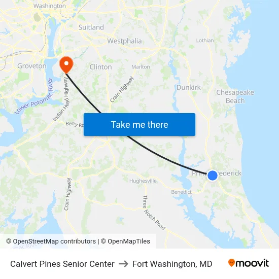 Calvert Pines Senior Center to Fort Washington, MD map