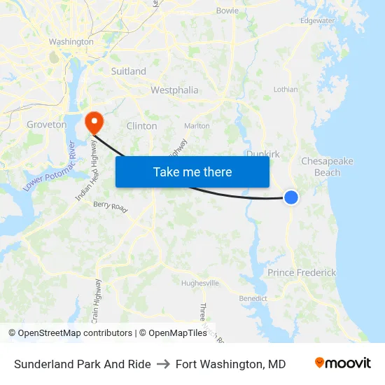 Sunderland Park And Ride to Fort Washington, MD map