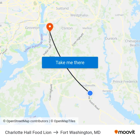 Charlotte Hall Food Lion to Fort Washington, MD map