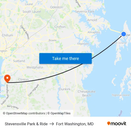Stevensville Park & Ride to Fort Washington, MD map