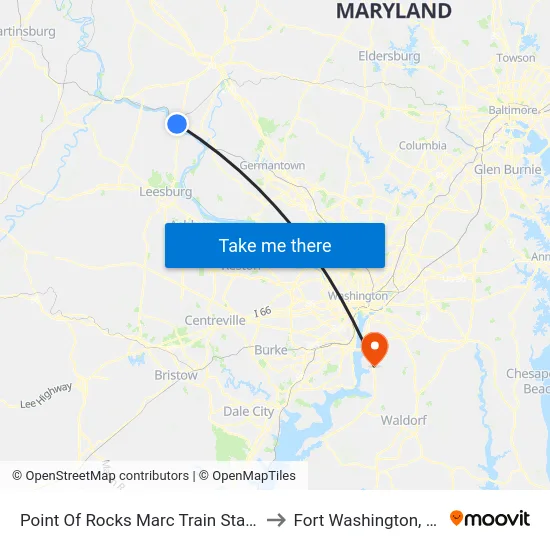 Point Of Rocks Marc Train Station to Fort Washington, MD map