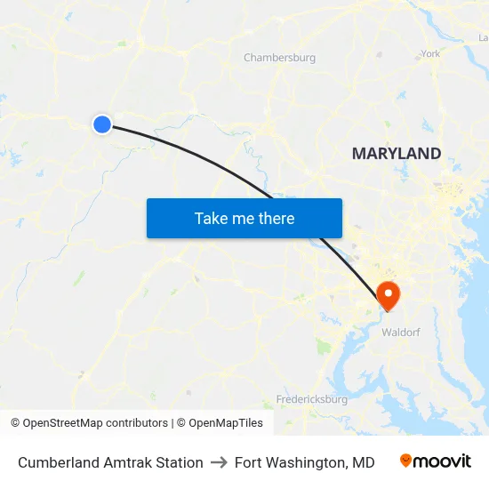 Cumberland Amtrak Station to Fort Washington, MD map