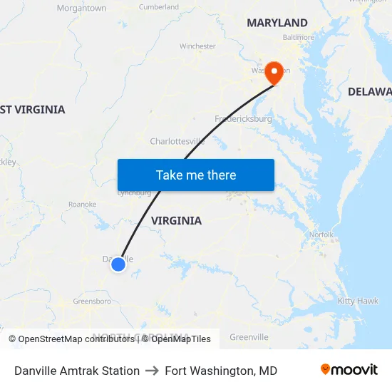 Danville Amtrak Station to Fort Washington, MD map