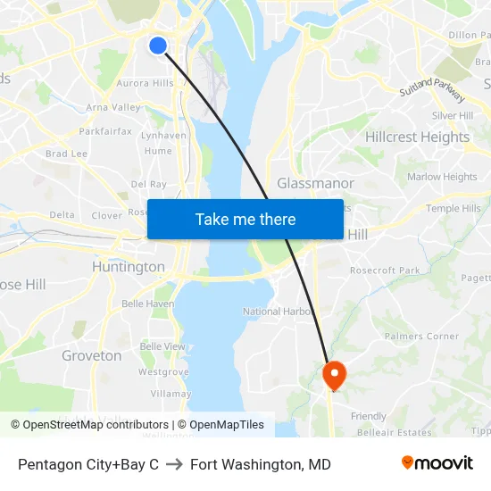 Pentagon City+Bay C to Fort Washington, MD map
