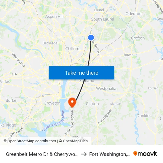 Greenbelt Metro Dr & Cherrywood Ln to Fort Washington, MD map