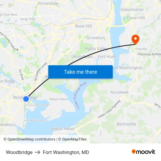 Woodbridge to Fort Washington, MD map