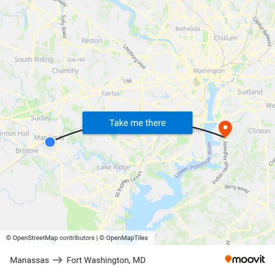 Manassas to Fort Washington, MD map