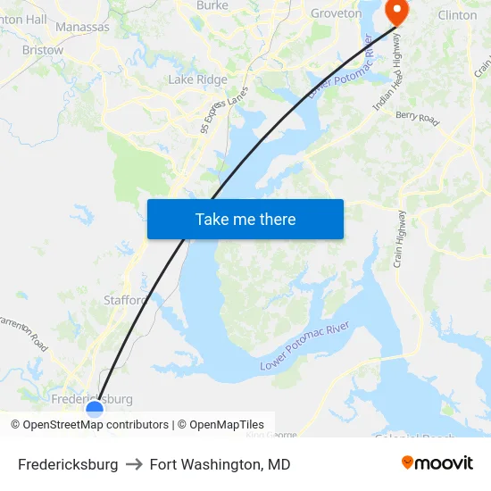 Fredericksburg to Fort Washington, MD map