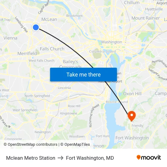 Mclean Metro Station to Fort Washington, MD map