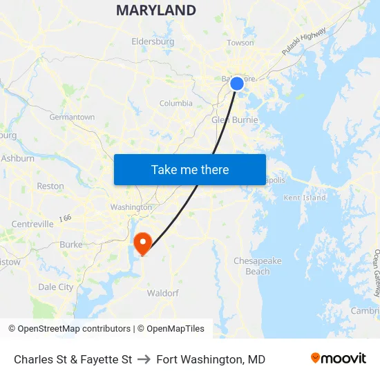Charles St & Fayette St to Fort Washington, MD map