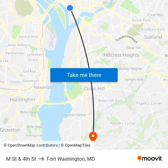 M St & 4th St to Fort Washington, MD map