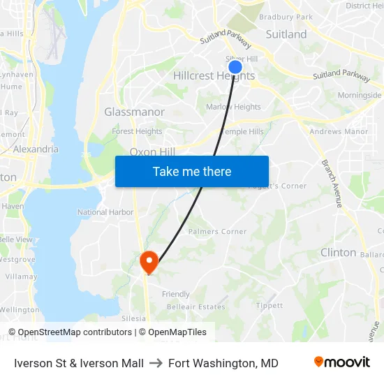 Iverson St & Iverson Mall to Fort Washington, MD map