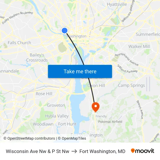 Wisconsin Ave Nw & P St Nw to Fort Washington, MD map