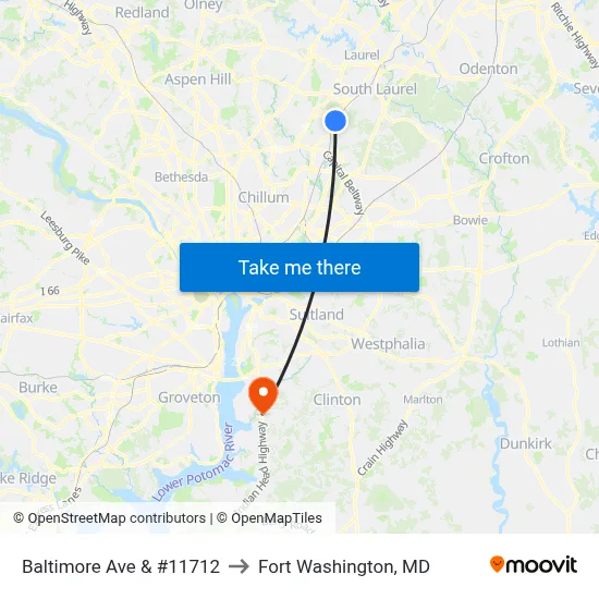 Baltimore Ave & #11712 to Fort Washington, MD map