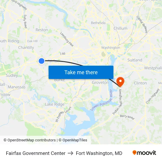 Fairfax Government Center to Fort Washington, MD map