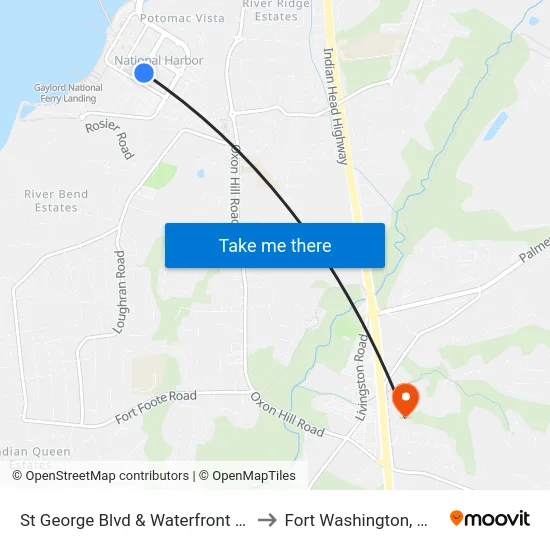 St George Blvd & Waterfront St to Fort Washington, MD map