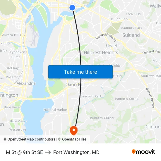 M St @ 9th St SE to Fort Washington, MD map