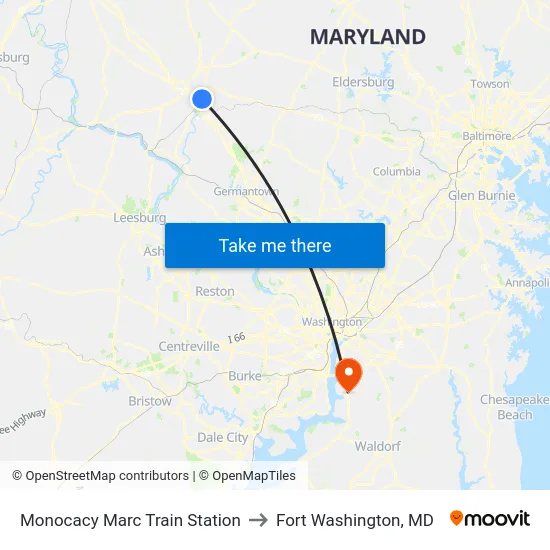 Monocacy Marc Train Station to Fort Washington, MD map