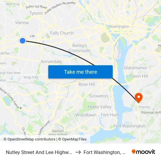 Nutley Street And Lee Highway to Fort Washington, MD map