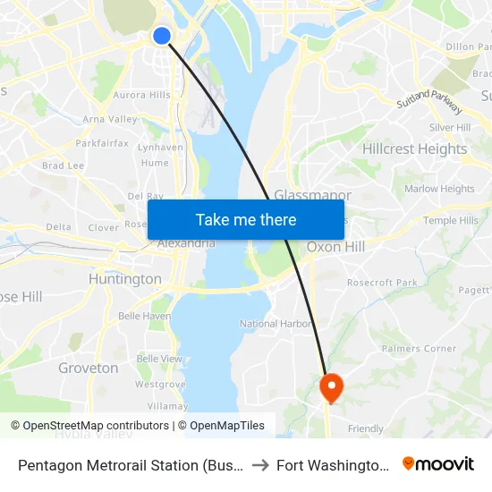 Pentagon Metrorail Station (Bus Bay L7) to Fort Washington, MD map