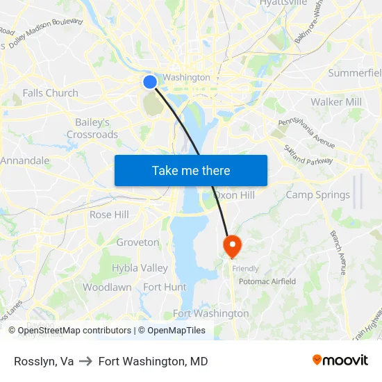 Rosslyn, Va to Fort Washington, MD map