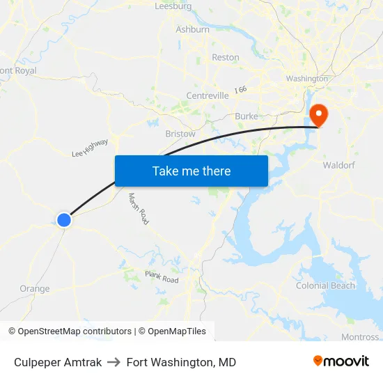 Culpeper Amtrak to Fort Washington, MD map