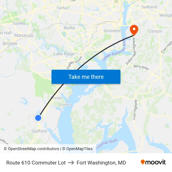 Route 610 Commuter Lot to Fort Washington, MD map