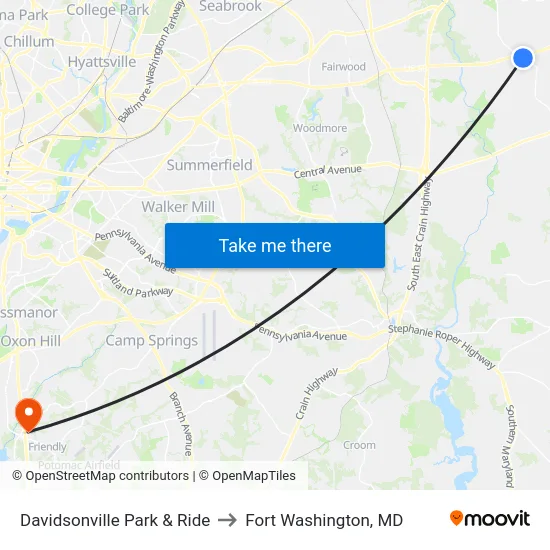 Davidsonville Park & Ride to Fort Washington, MD map