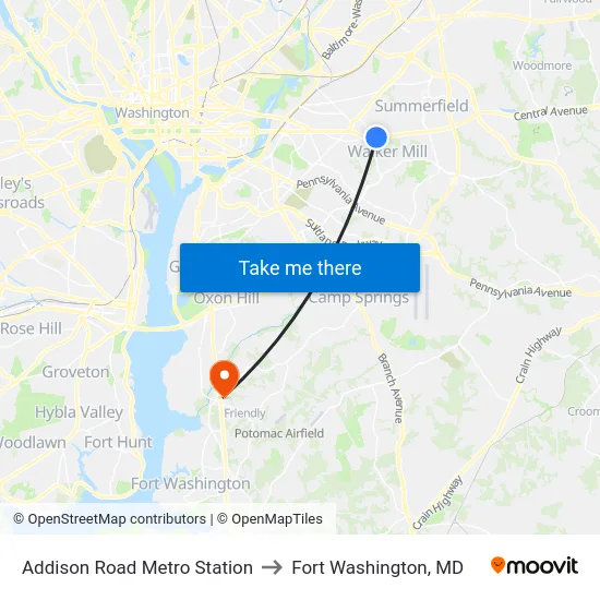 Addison Road Metro Station to Fort Washington, MD map
