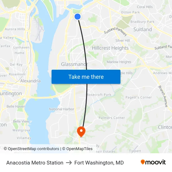 Anacostia Metro Station to Fort Washington, MD map