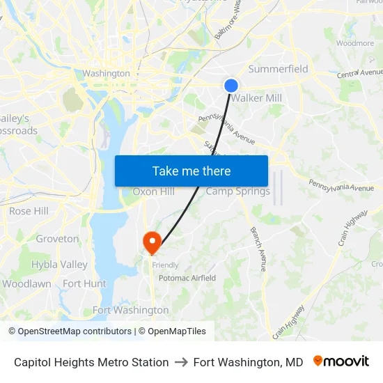 Capitol Heights Metro Station to Fort Washington, MD map
