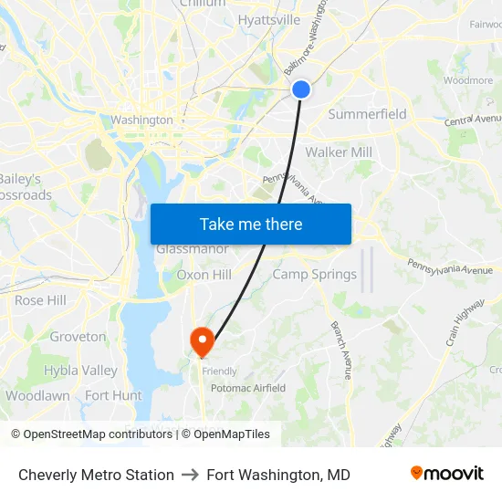 Cheverly Metro Station to Fort Washington, MD map