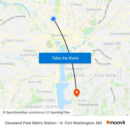 Cleveland Park Metro Station to Fort Washington, MD map