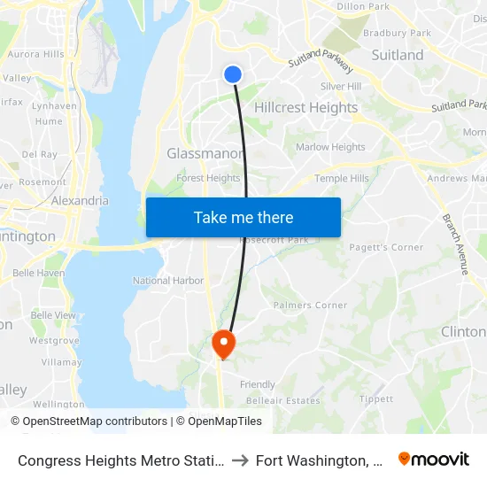 Congress Heights Metro Station to Fort Washington, MD map