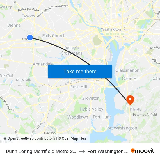 Dunn Loring Merrifield Metro Station to Fort Washington, MD map