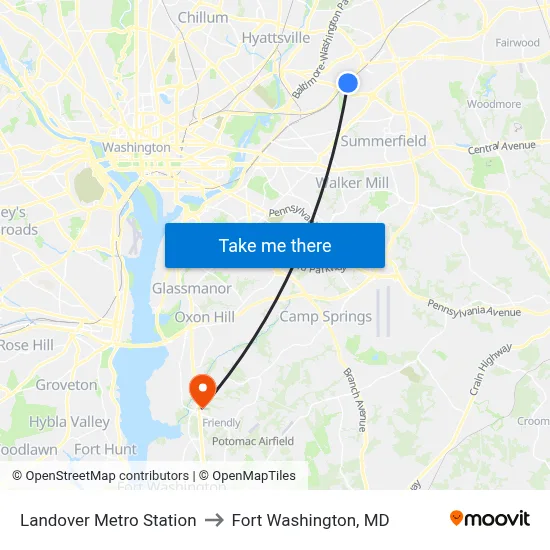 Landover Metro Station to Fort Washington, MD map