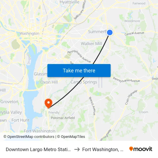 Downtown Largo Metro Station to Fort Washington, MD map