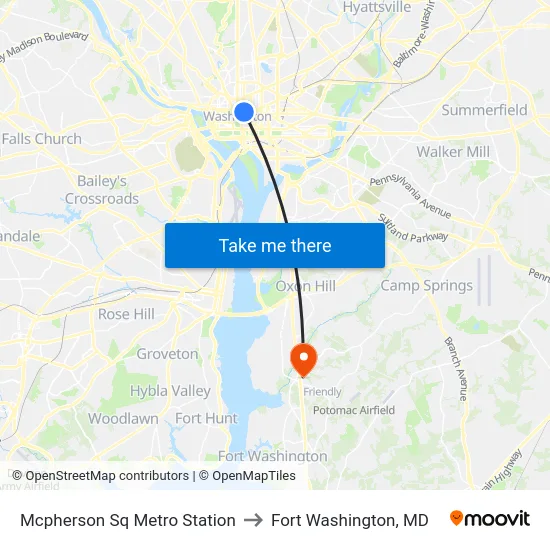 Mcpherson Sq Metro Station to Fort Washington, MD map