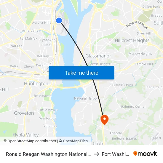 Ronald Reagan Washington National Airport Metrorail Station to Fort Washington, MD map