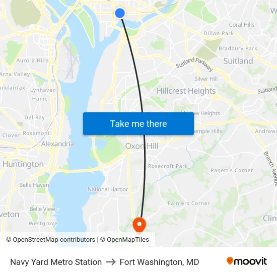 Navy Yard Metro Station to Fort Washington, MD map