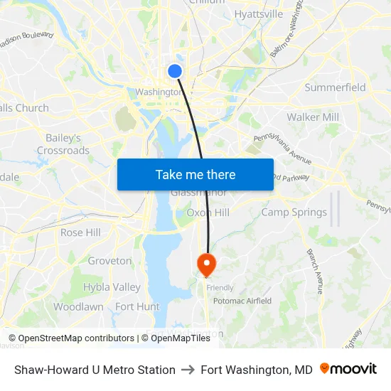 Shaw-Howard U Metro Station to Fort Washington, MD map