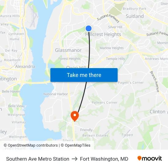 Southern Ave Metro Station to Fort Washington, MD map
