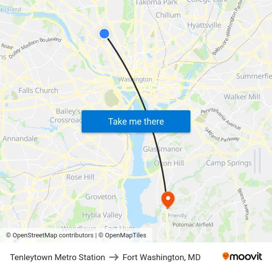 Tenleytown Metro Station to Fort Washington, MD map