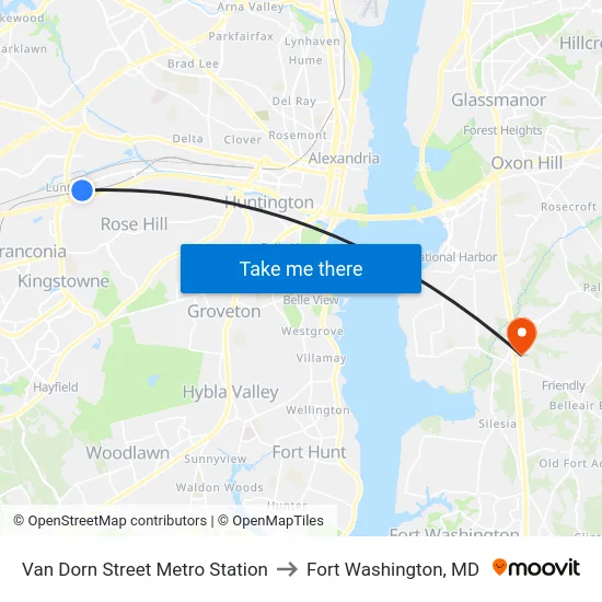 Van Dorn Street Metro Station to Fort Washington, MD map