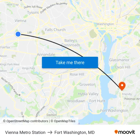 Vienna Metro Station to Fort Washington, MD map