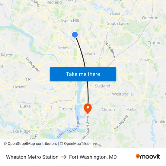 Wheaton Metro Station to Fort Washington, MD map