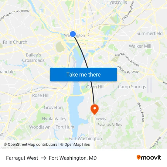 Farragut West to Fort Washington, MD map